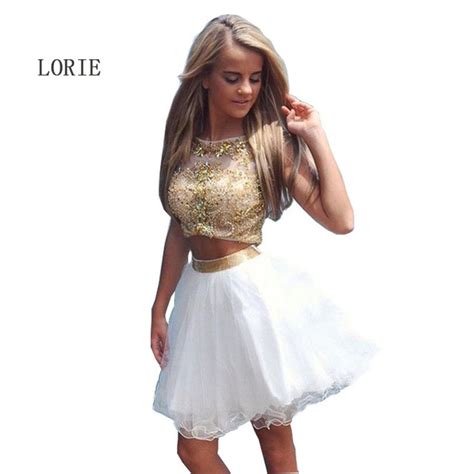 2 Piece White And Gold Prom Dresses 2016 New Fashion A Line Beaded