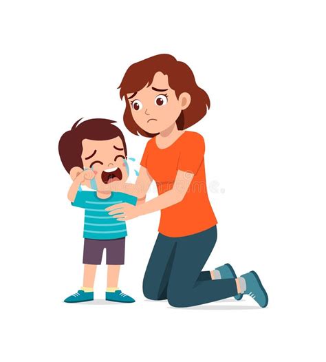 Young Mother Hug Crying Little Boy And Try To Comfort Stock Vector