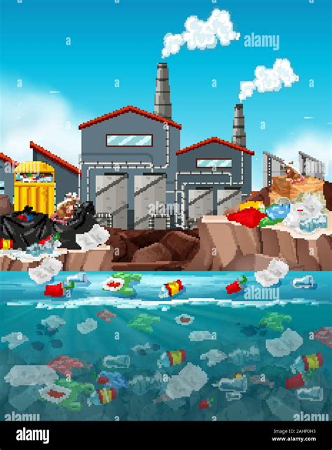 Water Pollution With Plastic Bags In River Illustration Stock Vector
