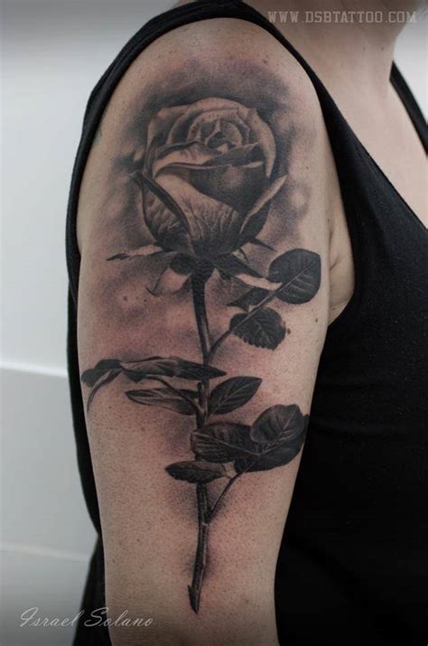 Black And Grey Style Rose Tattoo On The Right Upper Arm