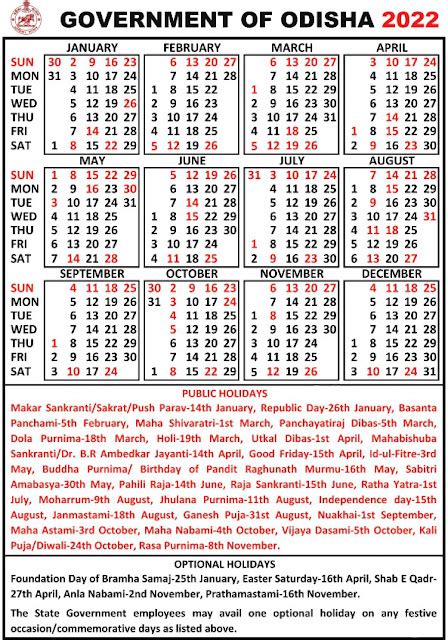 Pdf Odisha Govt Calendar 2024 Pdf Download With Holidays List