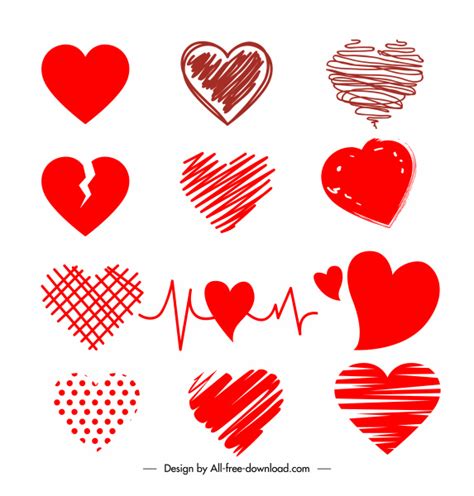 Valentines Decor Elements Red Hearts Shapes Sketch Vectors Graphic Art