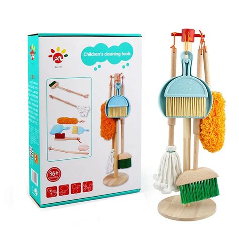 New Wooden Kids Cleaning Toy Set Children Play House Broom Dustpan Mop