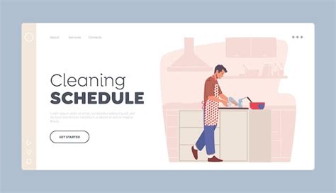 Premium Vector Cleaning Schedule Landing Page Template Man Clean Kitchenware Household