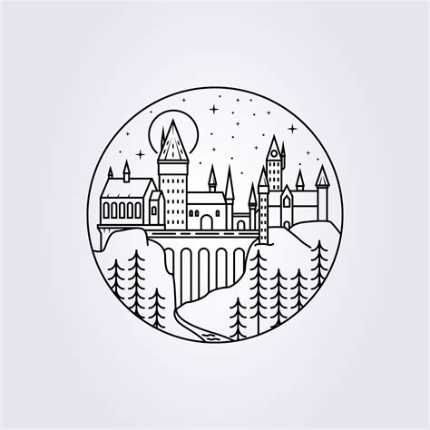 Line Art Hogwarts Castle Illustration Vector Icon Logo Print Apparel T