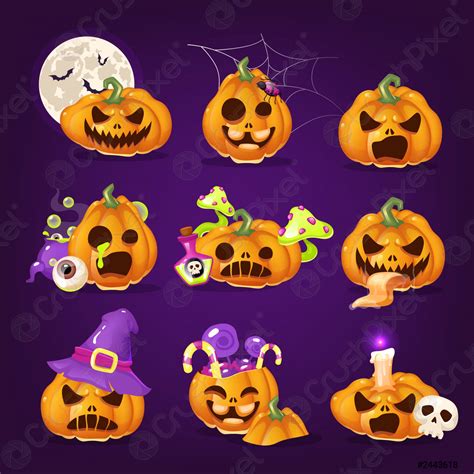 Spooky Halloween Pumpkins Cartoon Vector Illustrations Set Creepy
