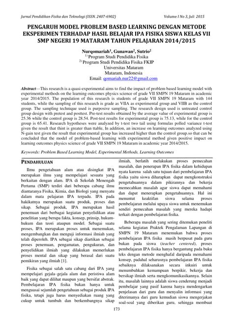 Pdf Pengaruh Model Problem Based Learning Dengan Metode Eksperimen