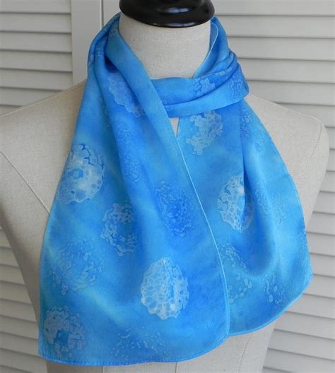 Sky Blue Hand Dyed Silk Scarf Abstract Floral Design Ready Silkscarves