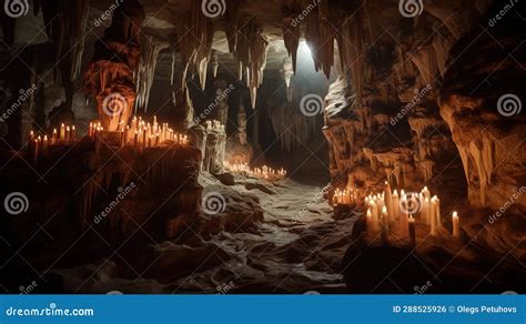 A Cave Filled With Lots Of Lit Candles Next To A Cave Wall Filled With