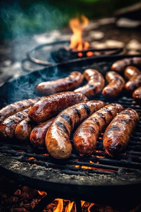 Appetitive Grilled Sausage On The Flaming Grill Delicious Crisp