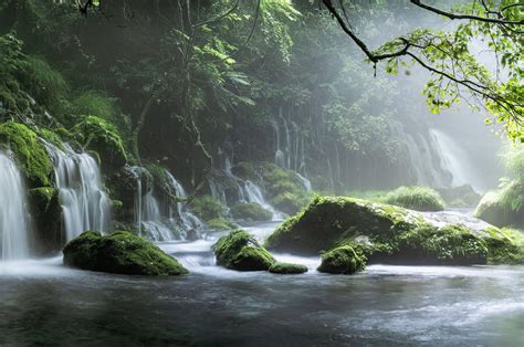 2560x1700 Spring Waterfall Stone Fog Mist Green Forest 8k Chromebook