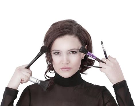 Beautiful Young Woman Holding Make Up Brushes Stock Photo Image Of
