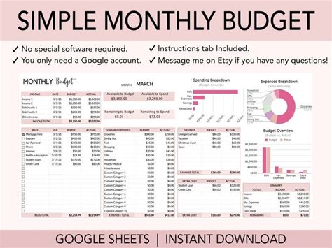 Monthly Budget Spreadsheet Budget Google Sheets Template Personal Finance Dashboard Digital