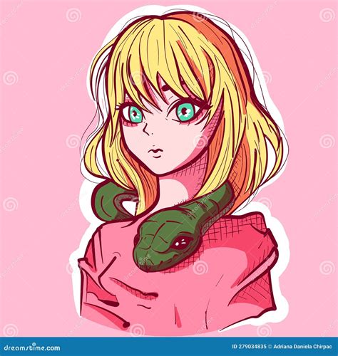 Digital Art Of A Blonde Anime Girl And A Snake Around Her Neck Stock