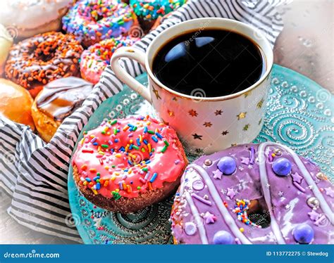Black Coffee And Glazed Doughnuts Stock Image Image Of Nature Donuts