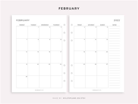 Calendario Mensual De 2022 En Dos Páginas Con Notas Pdf De Etsy