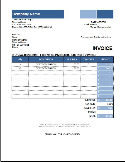 Ms Excel Customer Invoice Template Invoice Template Invoice Template