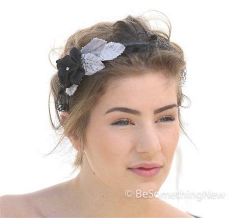 Black Net Headband With Gray Vintage Leaves And Black Flower Etsy