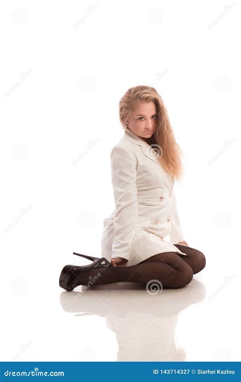 Blond Girl With Long Hair In A White Dress And Black Stockings Stock Image Image Of Female