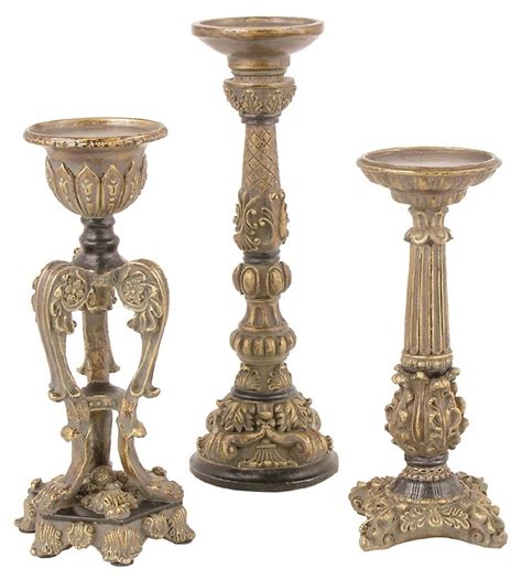 Candle Holders Pillar 3 Piece Resin Vintage Decor Home Office Aged Gold