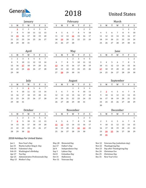 2018 United States Calendar With Holidays