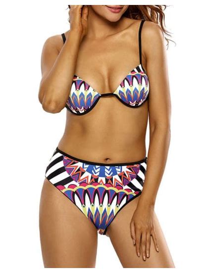 Spaghetti Strap Totem Print Bikini Set Multicolor Bikini Sets Push Up Bikini Bikini Swimsuit