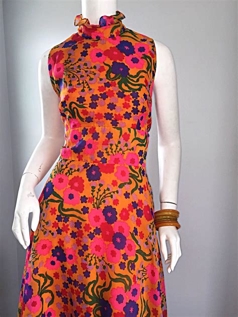 amazing 1970s 70s colorful psychedelic chiffon floral ruffle vintage maxi dress at 1stdibs