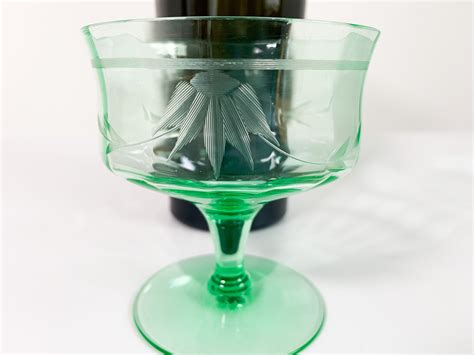 4 etched depression glass green low sherbet cups or champagne coupes floral and lines unique