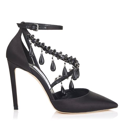 Victoria 100 Black Satin Pointy Toe Pumps With Jet Black Swarovski