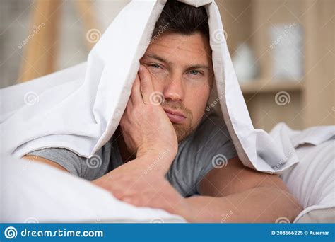 Man Sleepy Drowsy Unshaven Bearded Face Covered With Blanket Stock