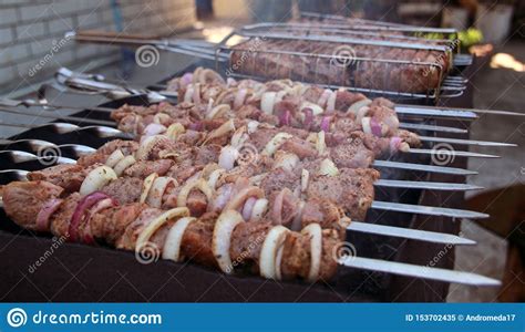 Kebabs On Skewers Prepared On Charcoal Grill Stock Image Image Of
