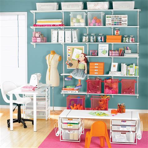 Use shelves to make the most of the vertical space in your craft room. elfa storage and shelving in the Craft Room.