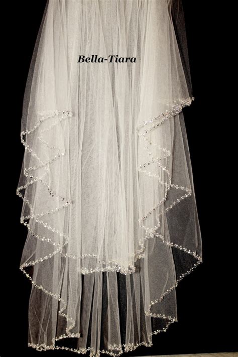Crystal Beaded Edge Wedding Veil Two Tier Pearl Crystal Etsy