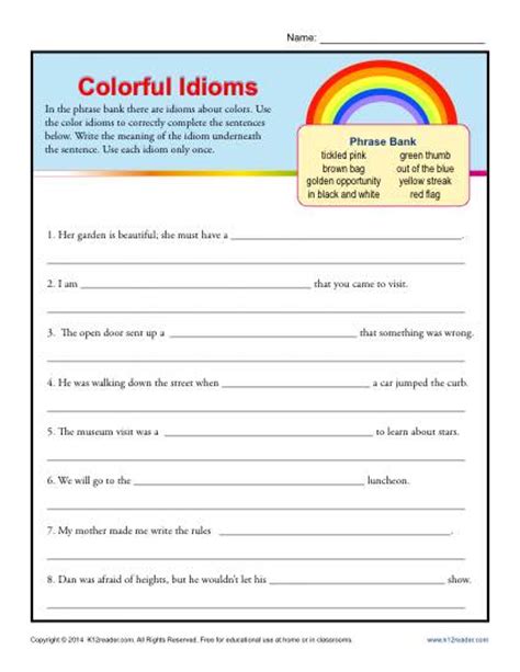 colorful idioms    grade worksheets
