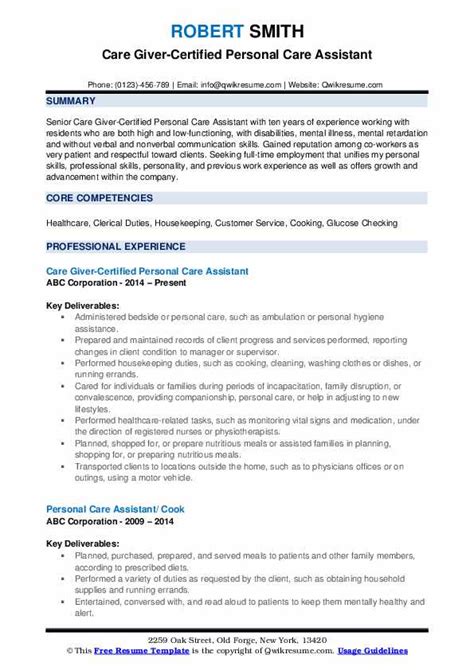 Personal Care Assistant Resume Samples Qwikresume