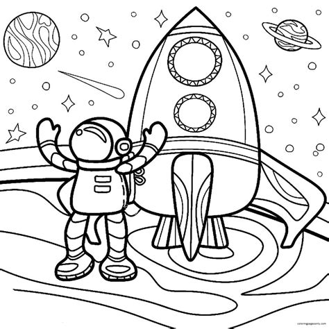 Cartoon Astronaut with Rocket 1 Coloring Page - Free Printable Coloring