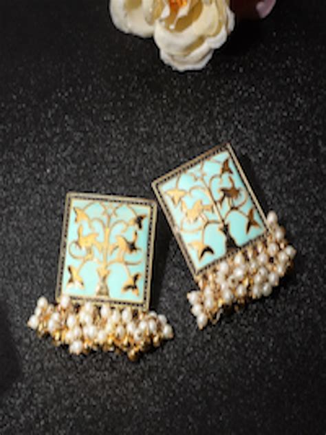 Buy KACY Women Turquoise Blue Gold Toned Square Drop Earrings