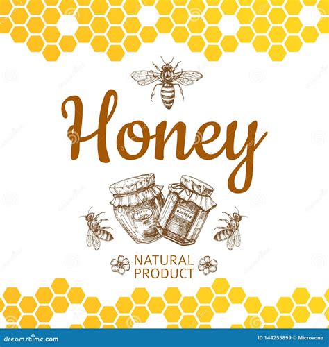 Vintage Honey Logo And Background With Vector Bee Honey Jars And Honeycombs Stock Vector