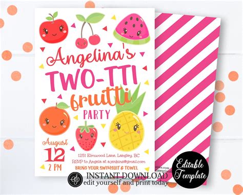 Printable Two Tti Fruitti Invitation Tutti Frutti Birthday Etsy
