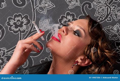 Close Up Portrait Of Glamour Woman With Cigarette Stock Photo Image
