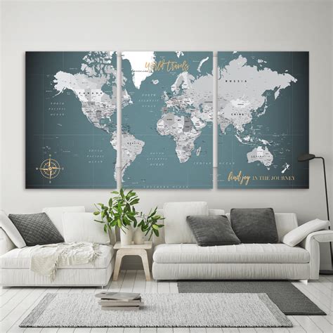 3 Piece Canvas World Push Pin Map 96w X 48h Modern Maps Touch