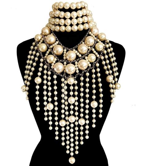 Cream Gold Multi Fringe Strands Piece Pearl Choker Bib Necklace Necklace Fashion Silver