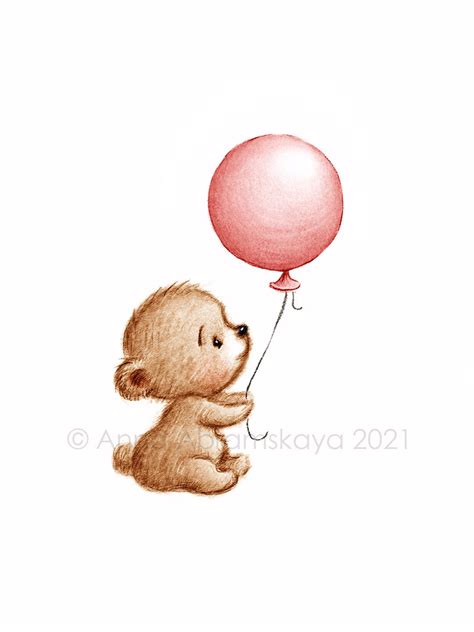 The Drawing Of Cute Teddy Bear With Red Balloon Printable Art Instant