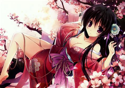3681x2614 3681x2614 Black Blossoms Cherry Cleavage Clothes Flowers Hair Japanese