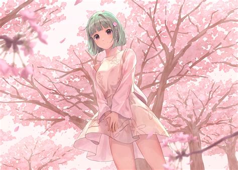 Akira Tooru Braids Cherry Blossoms Dress Flowers Green Hair Original