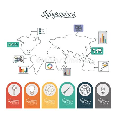Infographic World Map With Labels With Icons On Circles On Bottom Stock