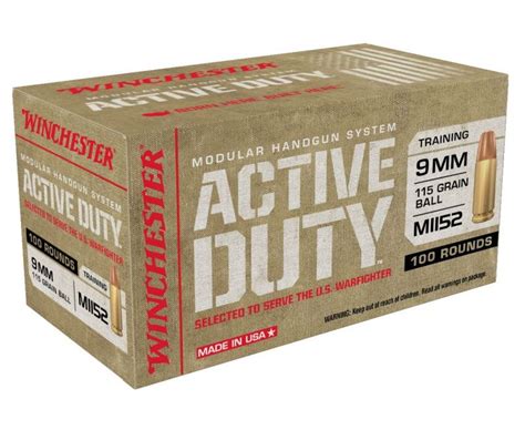 Winchester Ammunition Active Duty Handgun Ammo Brass 9mm 500 Rounds 115