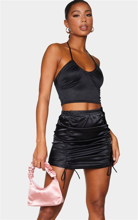 Black Satin Ruched Front Mini Skirt Skirts Prettylittlething