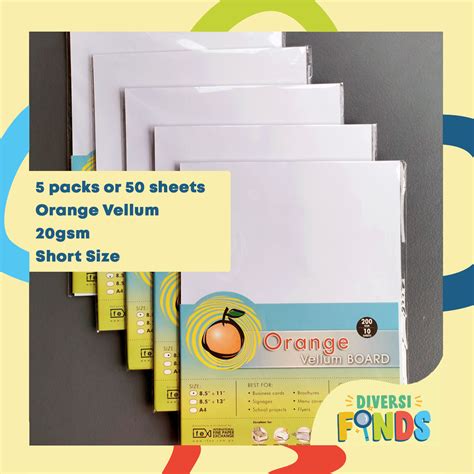 5 Packs Orange Specialty Vellum Board Paper 200gsm White Short