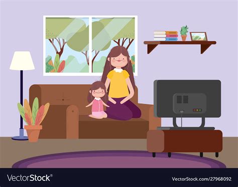 mother and daughter sitting in sofa waching tv vector image